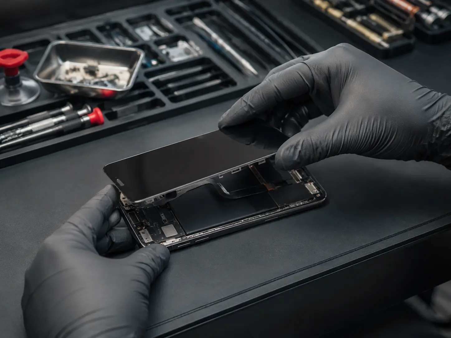 Illustrative Nahaufnahme eines Displaywechsels an einem Smartphone