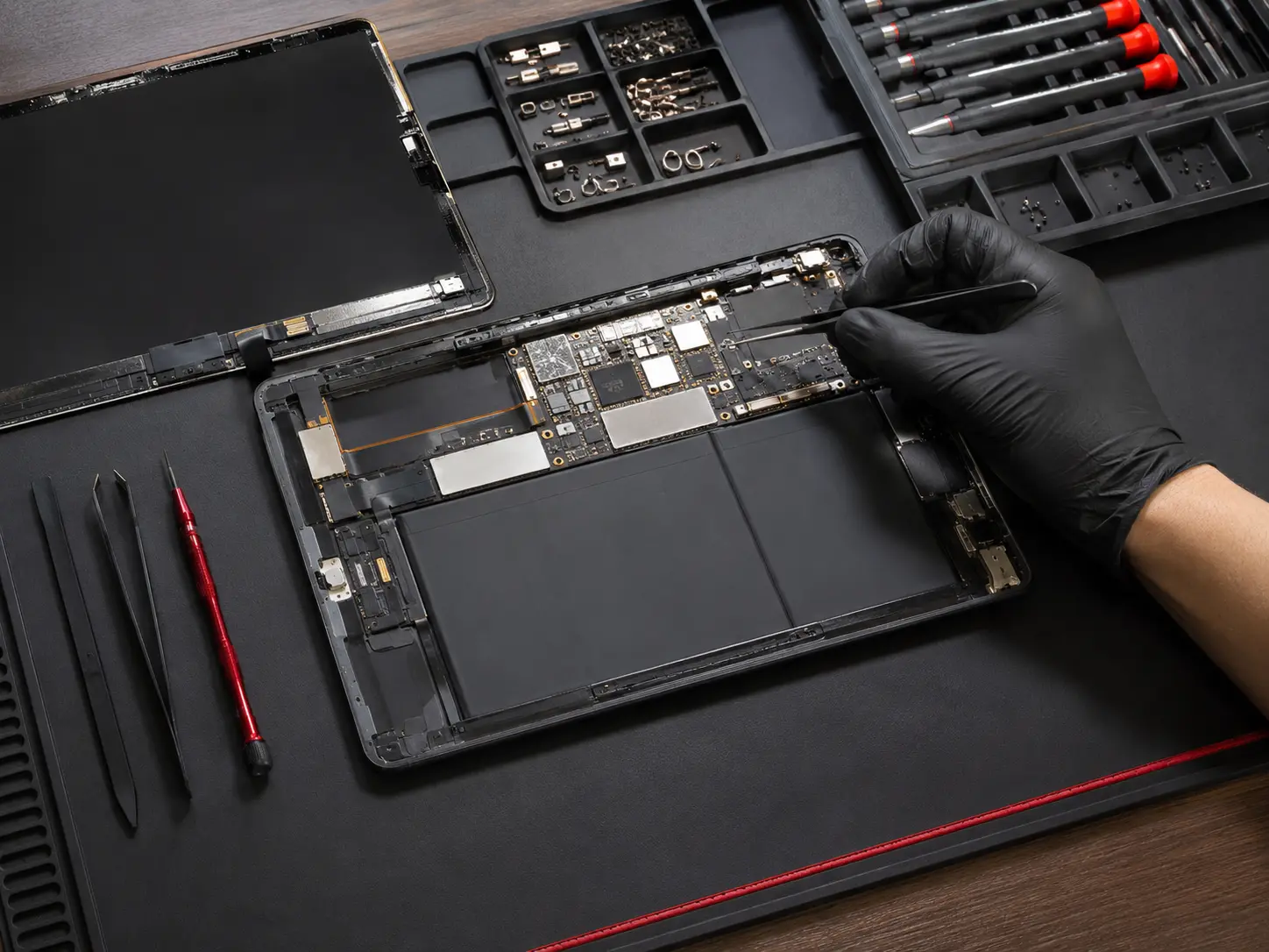 Illustrative Darstellung einer sorgfältigen Diagnose an einem geöffneten Tablet